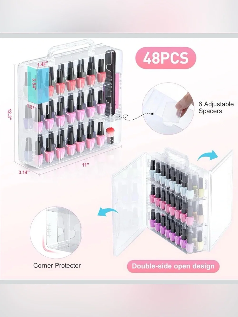 Nail Polish Double-Sided Plastic Organizer Carrying Case w/ Adjustable Dividers